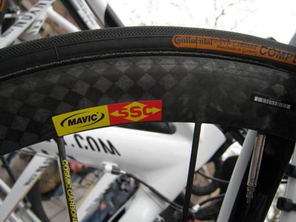 Gilbert has a Mavic SSC and Continental tyre combo on his race bike