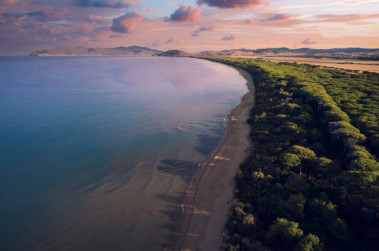 Aerial view of the marine coast leading to Talamone in the Tuscan Maremma