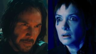 Keanu Reeves pictured in John Wick: Chapter 4 and Winona Ryder pictured in Beetlejuice Beetlejuice, shown side by side.