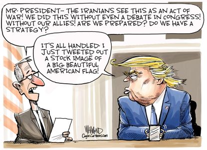 Political Cartoon U.S. Trump Iran Strike Response Strategy Tweet