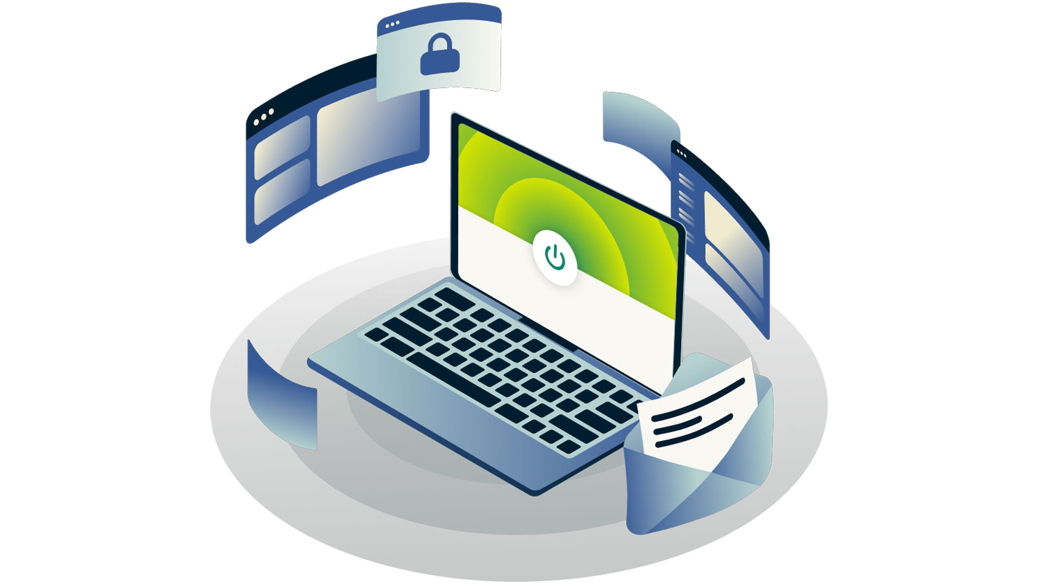 A laptop showing a green screen is surrounded by images depicting online security, all on a white background