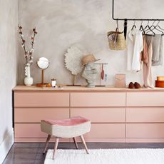 Painted Ikea Malm units and ceiling mounted clothes rail