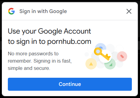A pop up asking to use your Google account to log in to an adult website.