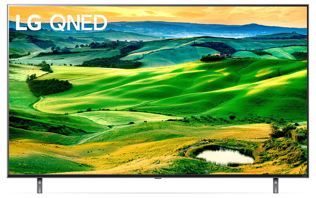 LG QNED Mini-LED TV on white background.