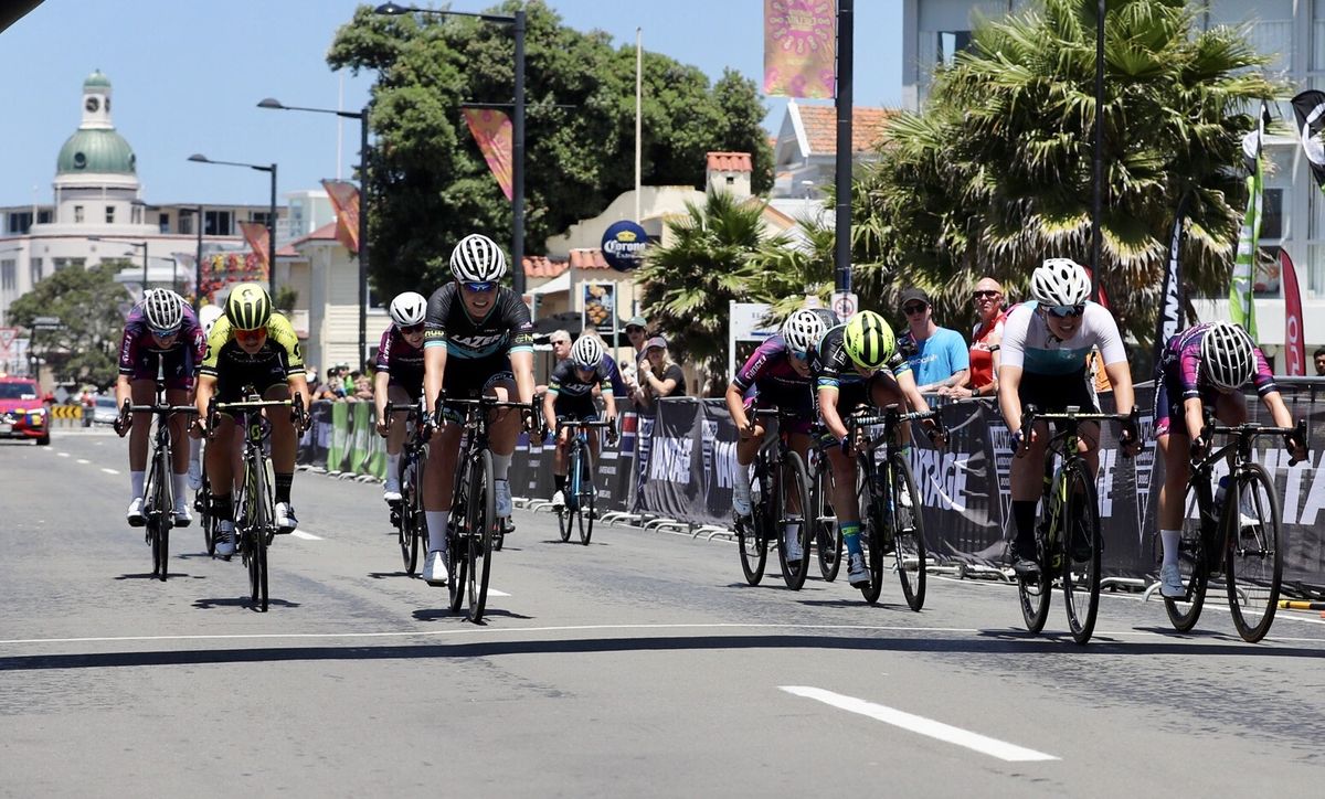 The elite riders sprint to a photo finish in the women&rsquo;s road race at the Vantage Road National Championships in Napier on Saturday.