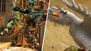 An Ork model and a goose model on either side of a white line