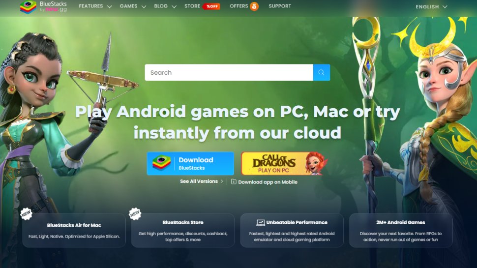 Website screenshot of BlueStacks (March, 2026)