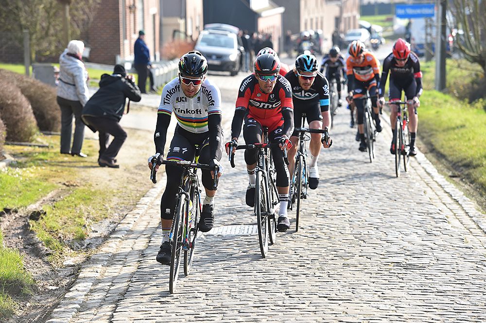 Peter Sagan (Tinkoff) wearing his world champion's jersey at Omloop Het Nieuwsblad