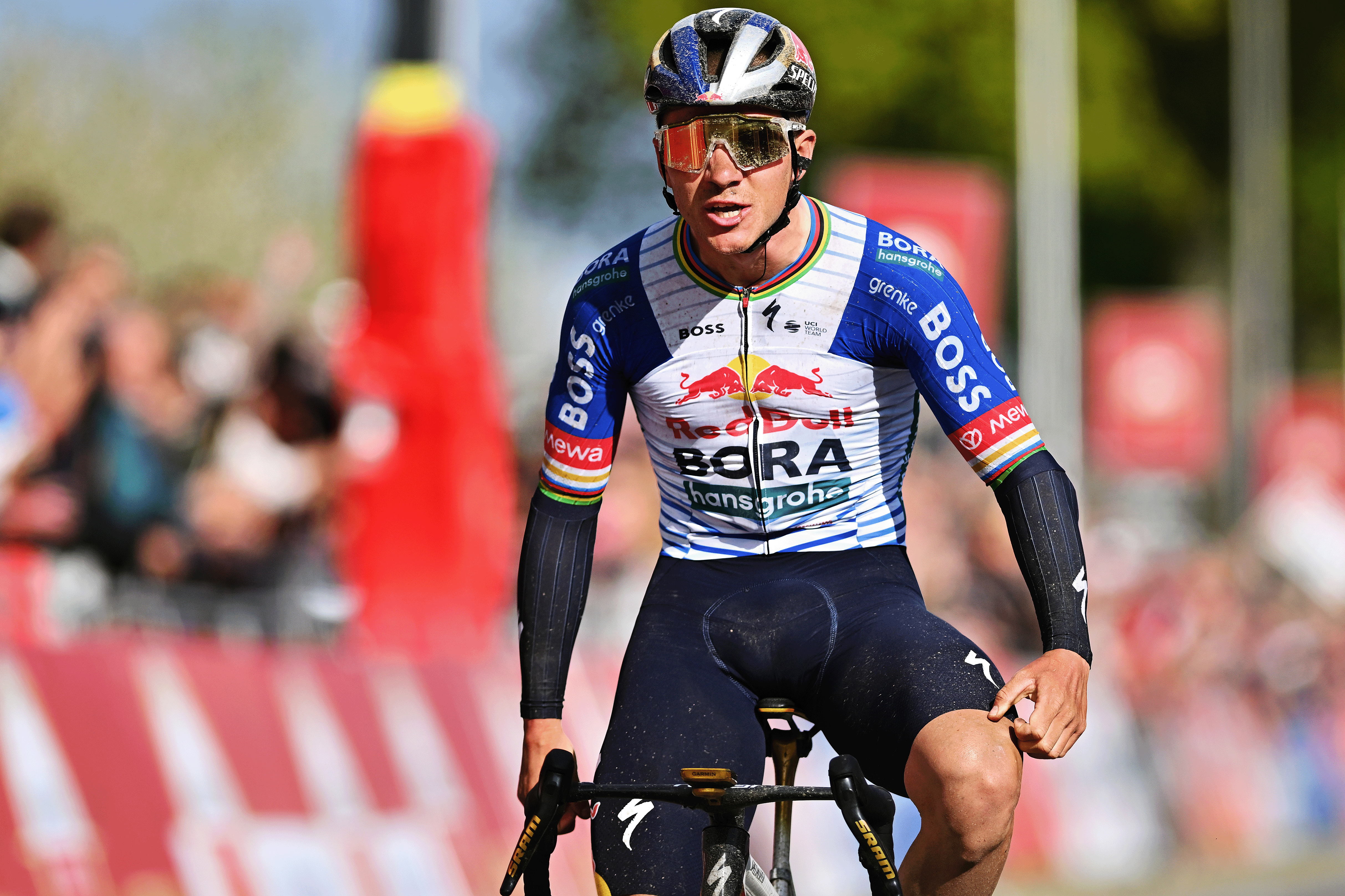 Remco Evenepoel of Belgium and Team Red Bull - BORA - hansgrohe celebrates at finish line as race winner during the 60th Amstel Gold Race 2026 