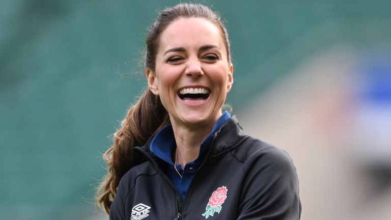 Catherine, Duchess of Cambridge takes part in an England rugby training session, after becoming Patron of the Rugby Football Union at Twickenham Stadium on February 02, 2022 in London, England.