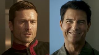 Glen Powell in The Running Man/ Tom Cruise in Top Gun: Maverick (side by side image) 