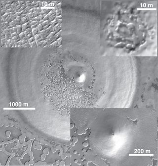 This Mars image shows a circular pit (diameter, 4 km; depth, 65 m) within the frozen carbon dioxide (dry ice) pack detected by a radar on NASA's Mars Reconnaissance Orbiter. The pit is floored with a thin fractured water-ice layer (upper left inset), which is mantled partially by the "Swiss cheese" terrain of the South Pole residual cap. Details within the pit are shown in the other insets.