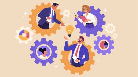 A stylized illustration of C-suite executives stood inside gold and purple cogs, representing technology, surrounded by sparkles with a light bulb in the center, on a cream background.