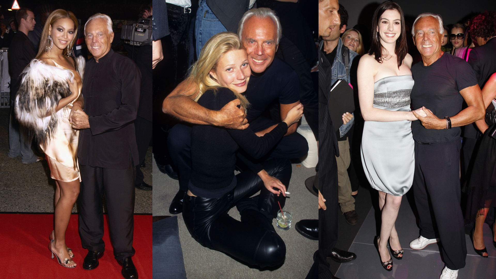 Giorgio Armani poses with various celebrities on the red carpet including Beyonce and Gwyneth Paltrow
