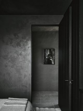 grey walls and dark grey wooden door