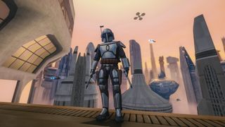 A screenshot of Jango Fett in a Star Wars Bounty Hunter city