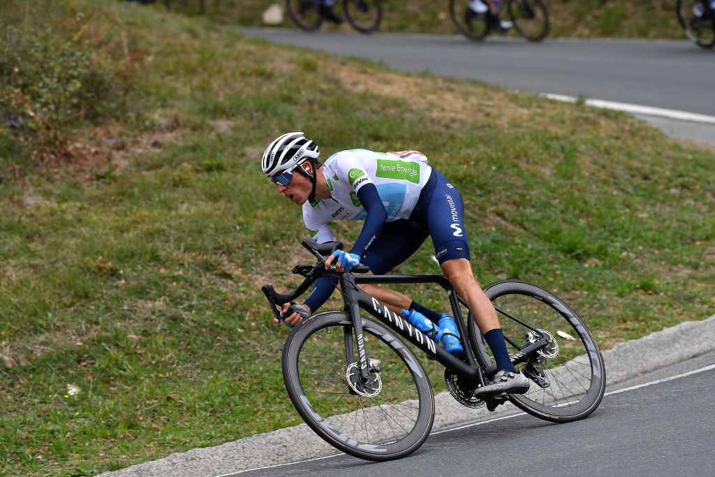 VILLANUEVA DE VALDEGOVIA SPAIN OCTOBER 27 Enric Mas Nicolau of Spain and Movistar Team White Best Young Rider Jersey during the 75th Tour of Spain 2020 Stage 7 a 1597km from VitoriaGasteiz to Villanueva de Valdegovia lavuelta LaVuelta20 La Vuelta on October 27 2020 in Villanueva de Valdegovia Spain Photo by Justin SetterfieldGetty Images