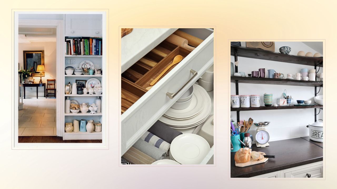 composite of three images with tidied shelfs and drawers to show things you should declutter in 2025 