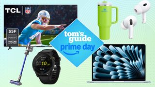 Compilation image showing a TCL TV, Dyson vacuum cleaner, Garmin smartwatch, Stanley tumbler, AirPods and MacBook.