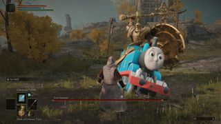 A Tree Sentinel in Elden Ring riding Thomas the Tank Engine