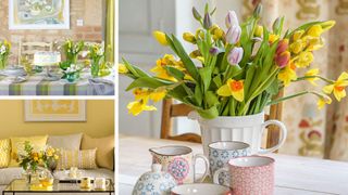 collage of 3 tables with spring flower arrangements to show the need for the daffodil sap hack