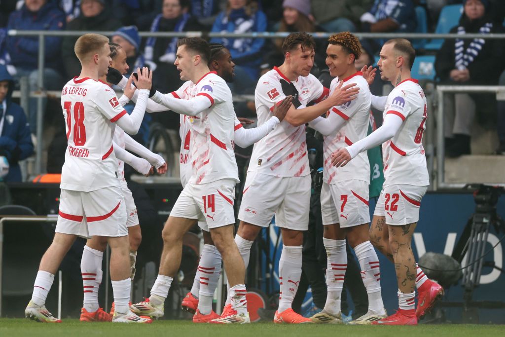 Antonio Nusa of RB Leipzig celebrates the team&#039;s second goal with teammates during the Bundesliga match between VfL Bochum 1848 and RB Leipzig at Vonovia Ruhrstadion on January 18, 2025 in Bochum, Germany.