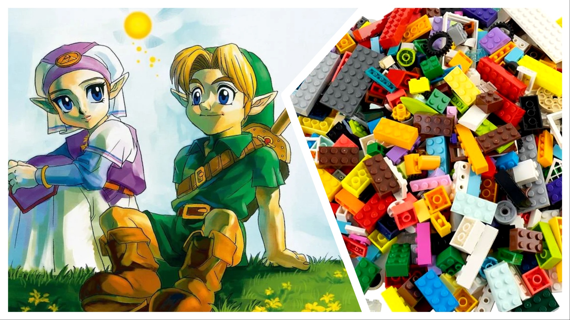 Artwork from The Legend of Zelda series, alongside some LEGO bricks