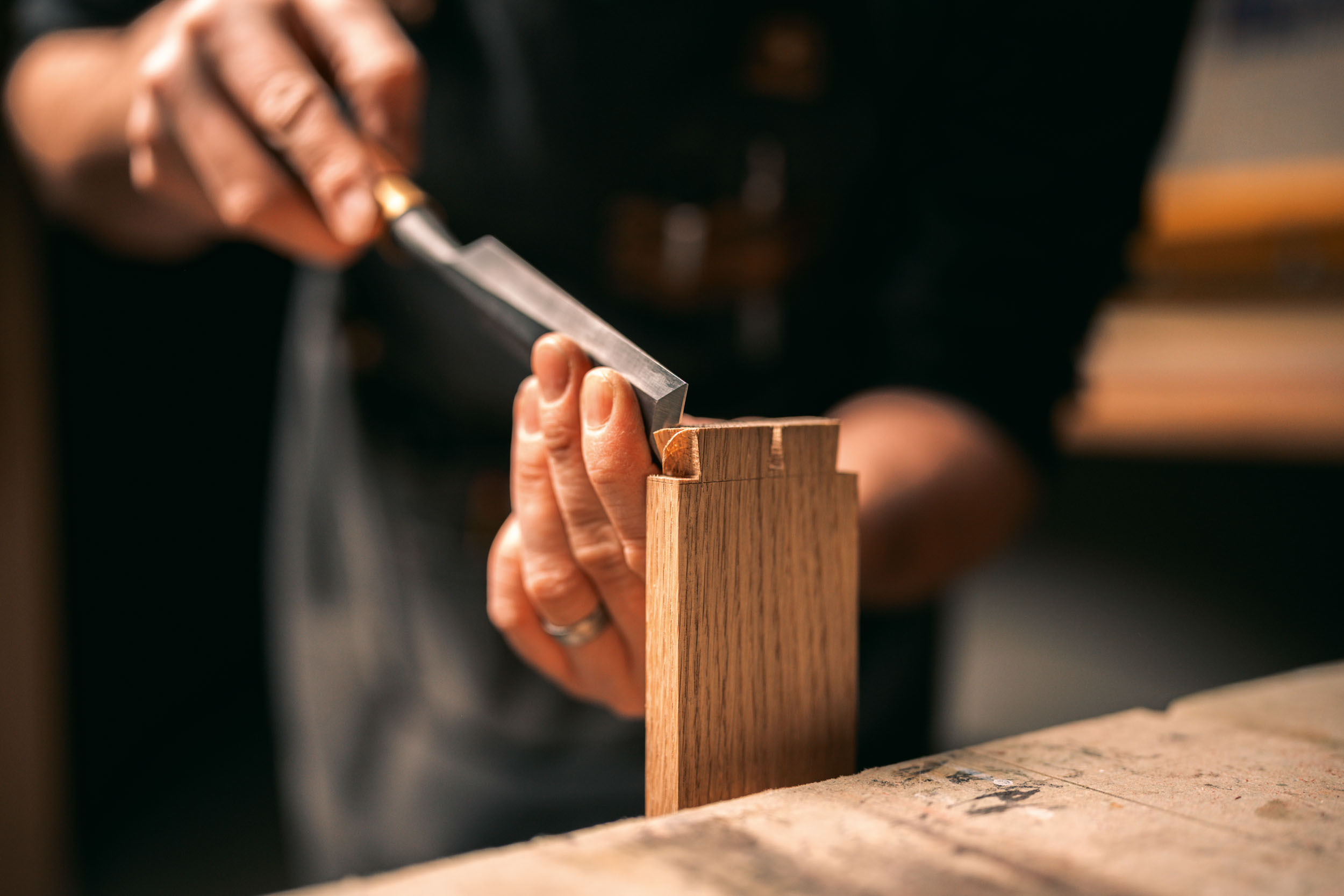 A joint being chiselled at the Cirencester workshop of Ed Keyser, where he and his team make bespoke furniture and cabinetry &mdash;&nbsp;Experts' Experts July 2026 