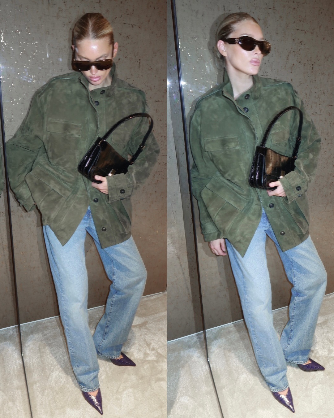 Model Elsa Hosk wears blue straight-leg jeans with a suede khaki funnel neck jacket and purple pointed-toe heels.