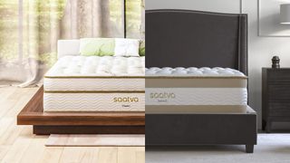In this Saatva Classic vs Saatva Rx comparison piece, the Saatva Classic is seen on the left and the Saatva Rx is seen on the right