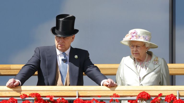 ascot, united kingdom june 18 embargoed for publication in uk newspapers until 48 hours after create date and time prince andrew, duke of york queen elizabeth ii watch the horses in the parade ring as they attend day 2 of royal ascot at ascot racecourse on june 18, 2014 in ascot, england photo by max mumbyindigogetty images
