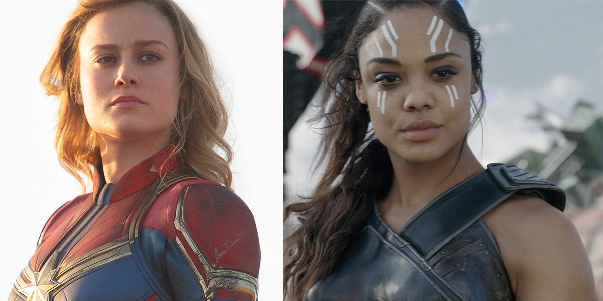 Brie Larson as Captain Marvel and Tessa Thompson as Valkyrie