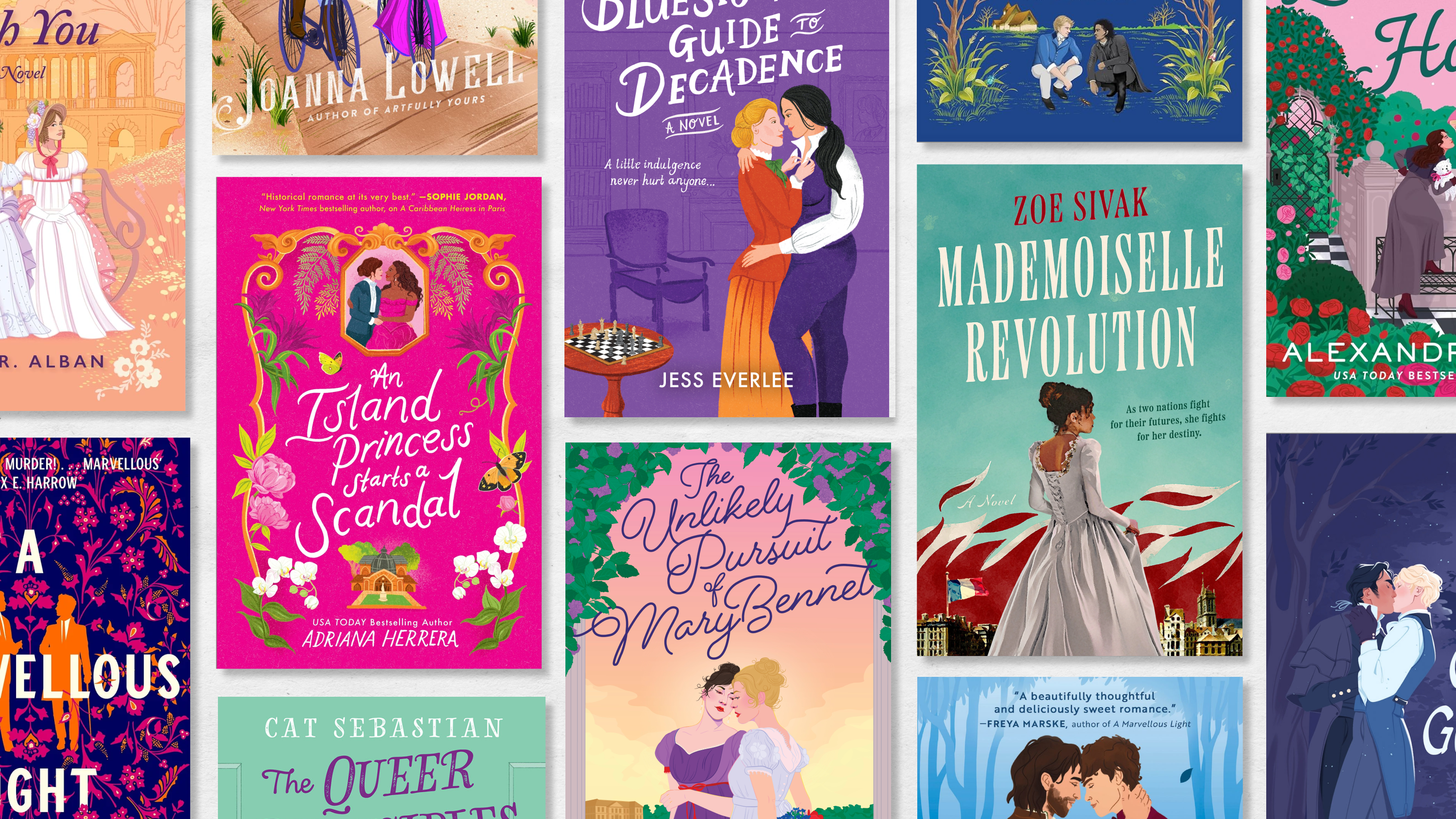 a collage of the best queer historical romance novel book covers including a marvellous light an island princess and a scandal and more