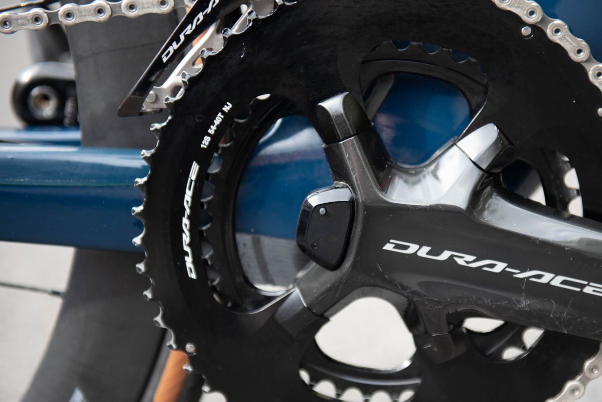 A close up of the 12-speed Dura-Ace power meter crankset used on Michal Kwiatkowski's Pinarello Dogma F