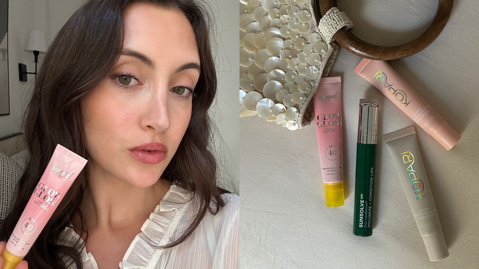 Two side-by-side images, one of Alyssa Brascia holding and wearing the Supergoop! Glow Gloss SPF 40 Lip Balm and an image of a purse with SPF lip balms tumbling out of it.