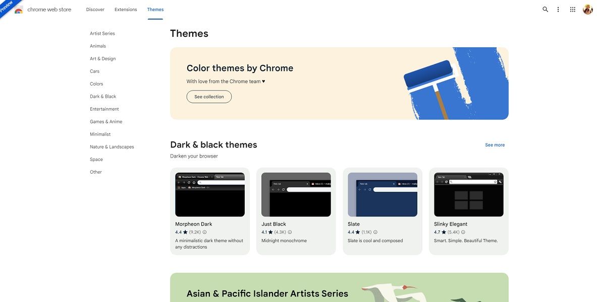 The new &quot;themes&quot; page in Google Chrome&#039;s Web Store redesign preview.