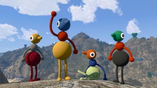 Co-op players waving on a mountain in Big Walk