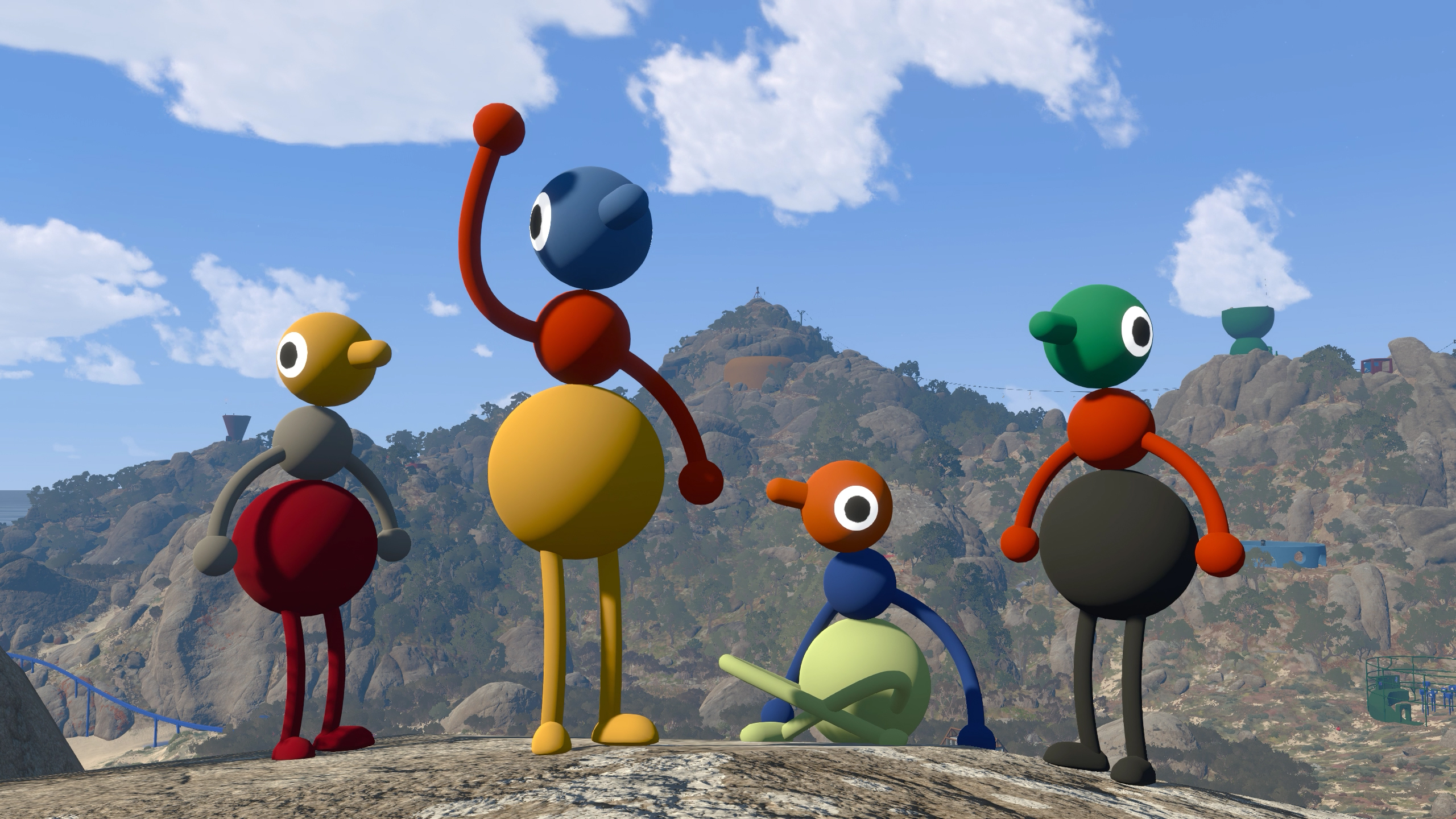 Co-op players waving on a mountain in Big Walk