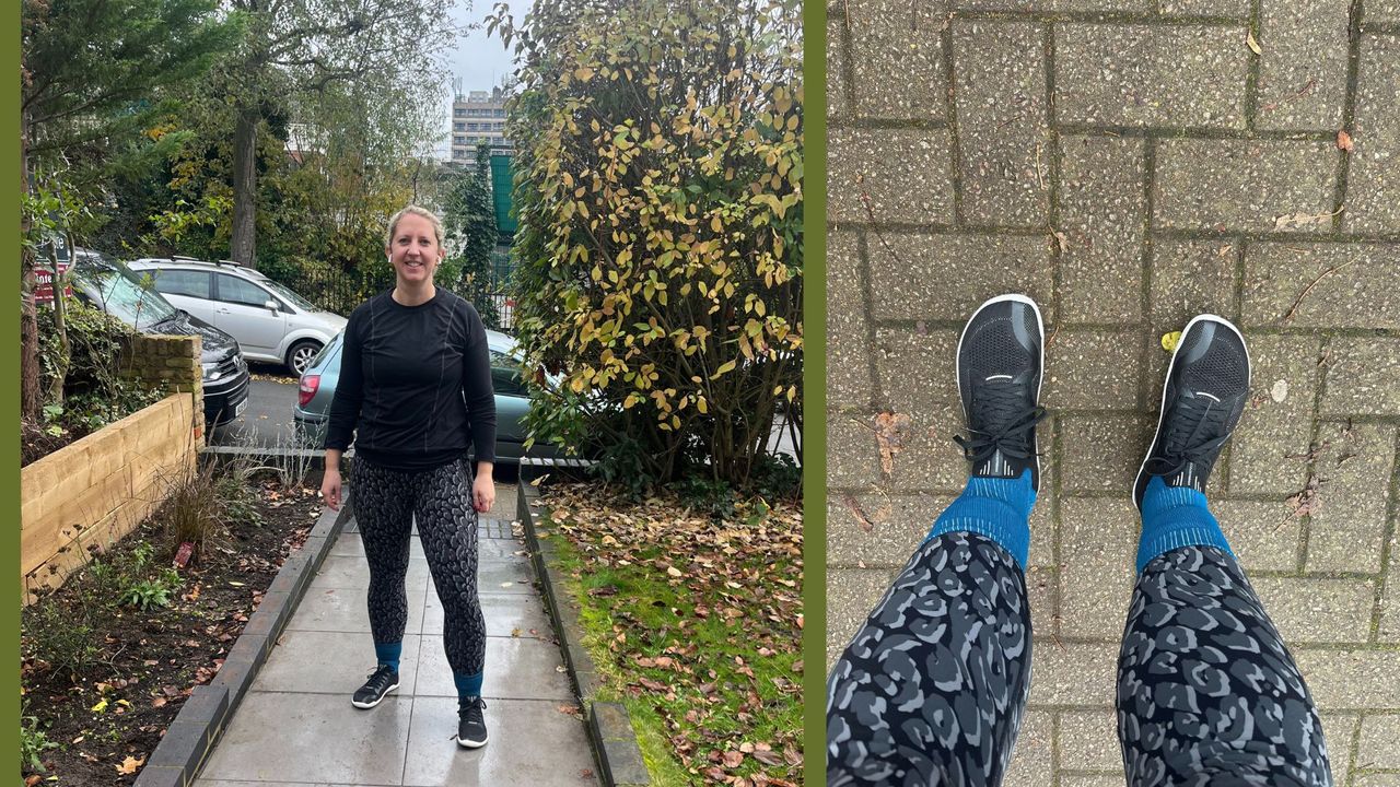 Kat Storr wearing barefoot shoes, standing ready to go on a run, with close-up of the shoes