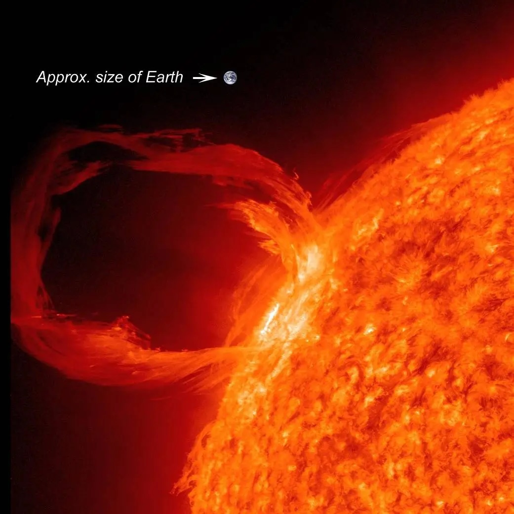 A comparison image showing the size of Earth next to a solar prominence