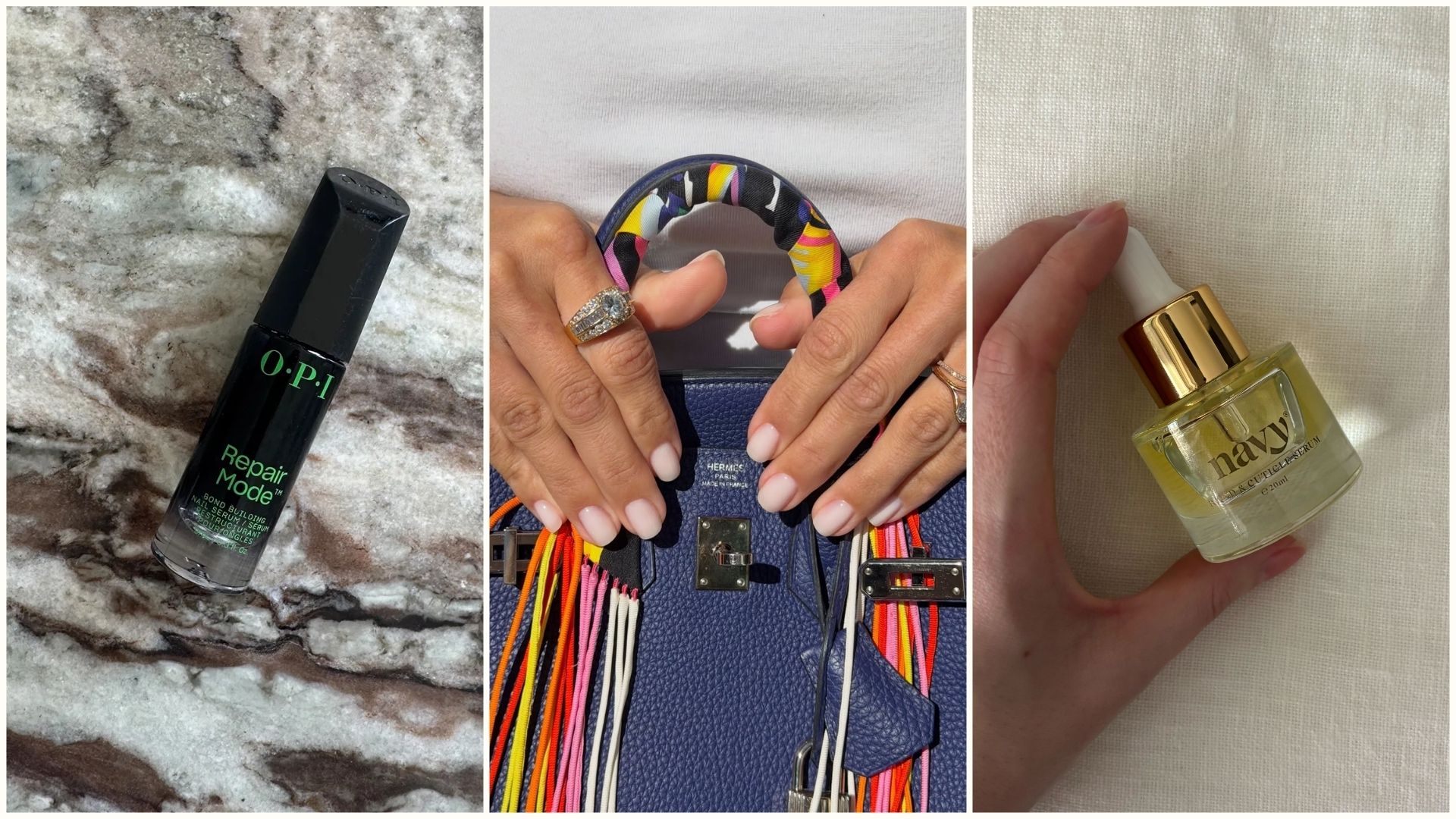 A woman with a milky manicure holding an Hermes handbag and a picture of two nail serums