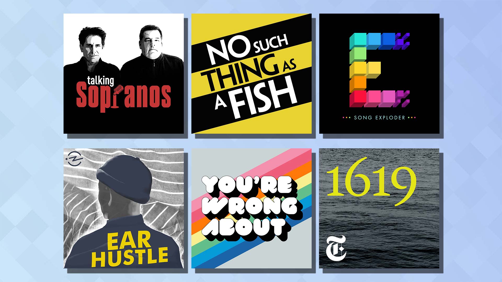 Logos para seis dos melhores podcasts em um fundo azul.