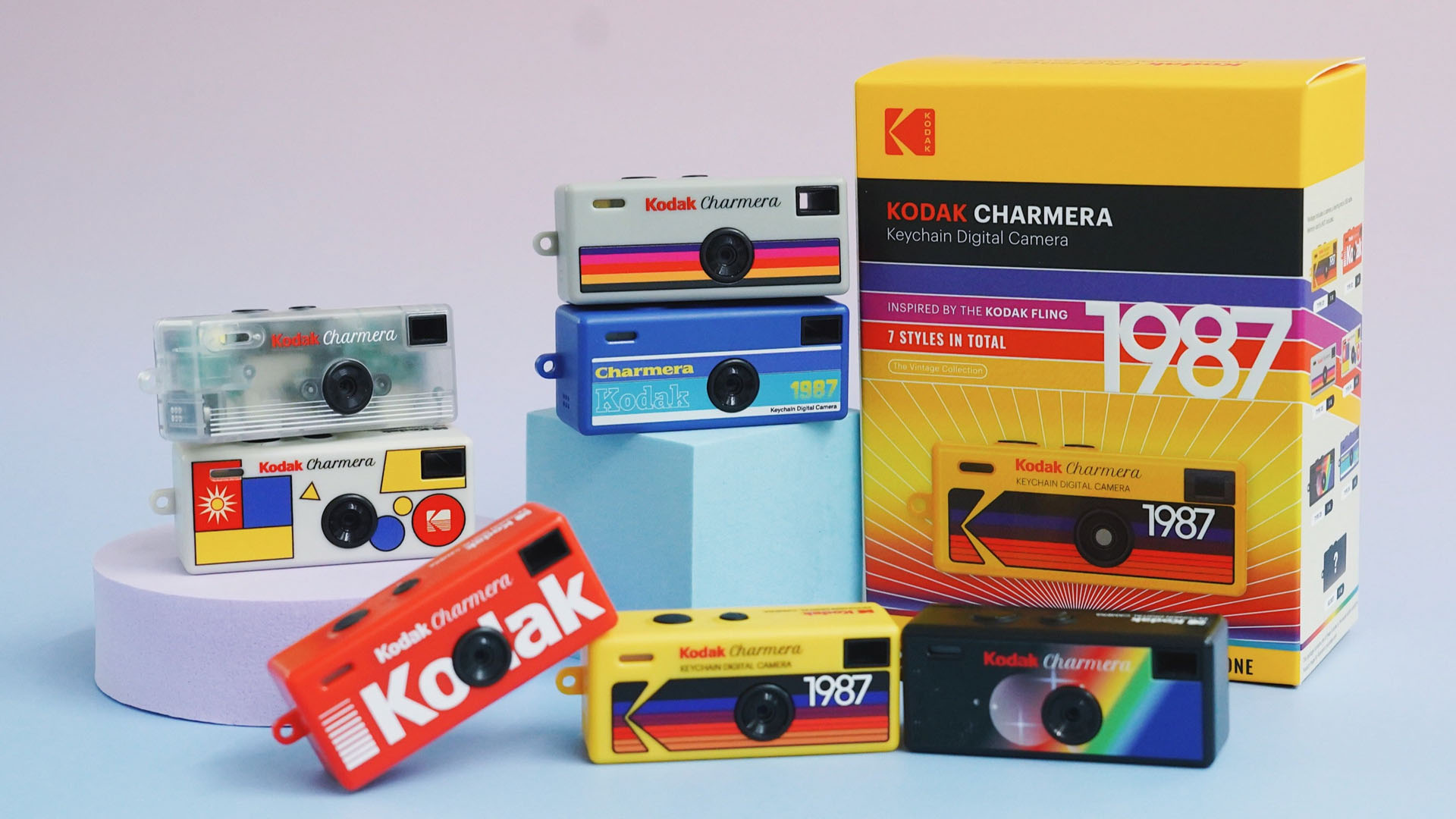 A photo of the seven designs of the Kodak Charmera.