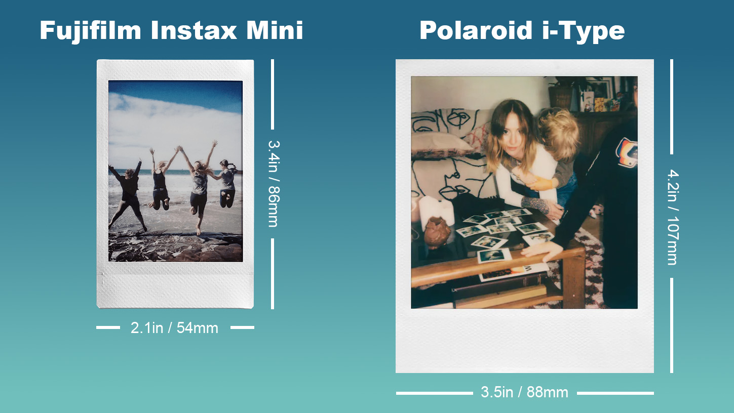 Fujifilm Mini Film and Polaroid i-Type film side by side with image dimensions on a blue gradient