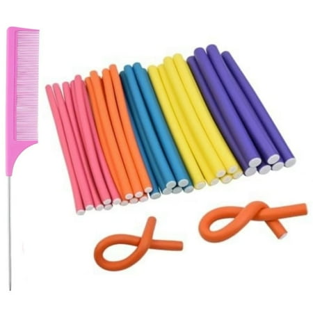 30 Pcs Flexible Rods Curlers Set With 5 Sizes,flexible Rods for Long Hair,flexi Hair Rods for Natural Hair Women Gilrs, 9.45" No Heat Foam Rollers With Steel Comb,random Color