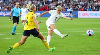 SHEFFIELD, ENGLAND - JULY 26: Beth Mead of England scores the opening goal during the UEFA Women's Euro England 2022 Semi Final match between England and Sweden/Belgium at Bramall Lane on July 26, 2022 in Sheffield, United Kingdom.