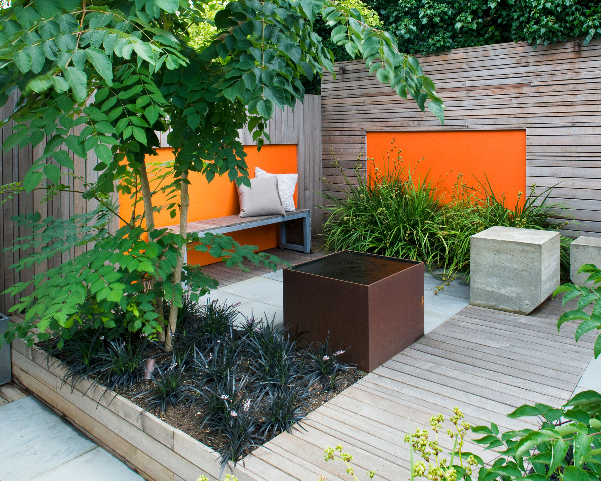 modern patio design with fence featuring orange panels, decking, flowerbeds, bench, and ophiopogon and aralia plants