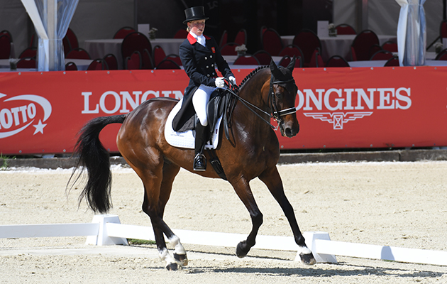 Making her senior squad debut, Ros Canter scores a personal best of 38.6 on the first day of dressage with Allstar B