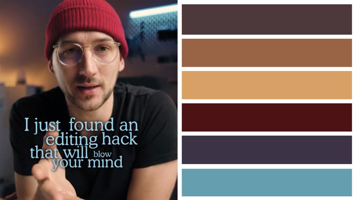 Man with red hat talking to camera with caption that reads &quot;I just found an editing hack that will blow your mind&quot; next to a color palette that reflects the color grading of the video 