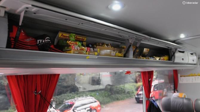 Yet more race-day nutrition and cap storage above the seating